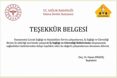ÇOCUK SAĞLIĞI VE HASTALIKLARI SERVİSİNE TEŞEKKÜR BELGESİ