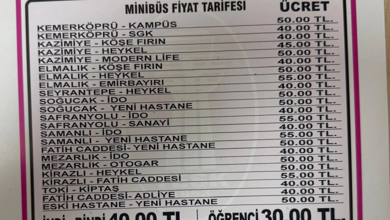 YALOVA’DA MİNİBÜS FİYATLARI GÜNCELLENDİ